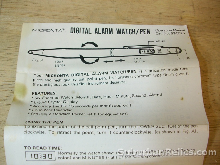 Micronta - DIGITAL ALARM WATCH PEN - w/case, instructs. untested - Click Image to Close